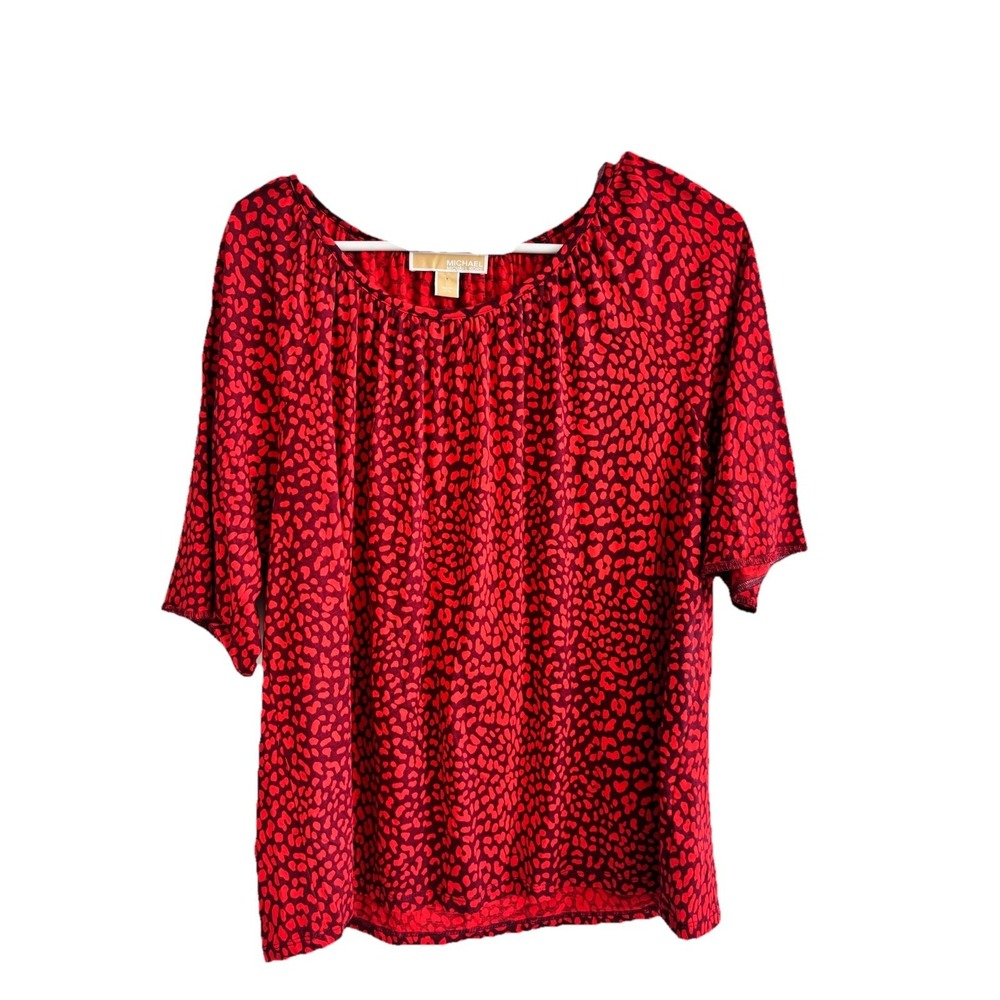 Michael kors Women's L Animal Print Top Cotton Blend 3/4 Sleeve Red Date Night